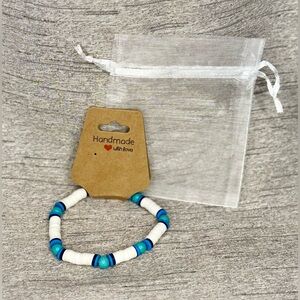 NWT - Handmade White & Blue / Teal Beaded Elastic Stretch Bracelet - Aprox 7.5”